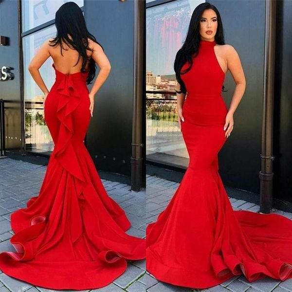 2021 red halter prom dresses backless plus size formal evening gowns mermaid custom made sweep train satin ruffles vestidos, Black
2021 red halter prom dresses backless plus size formal evening gowns mermaid custom made sweep train satin ruffles vestidos, Black