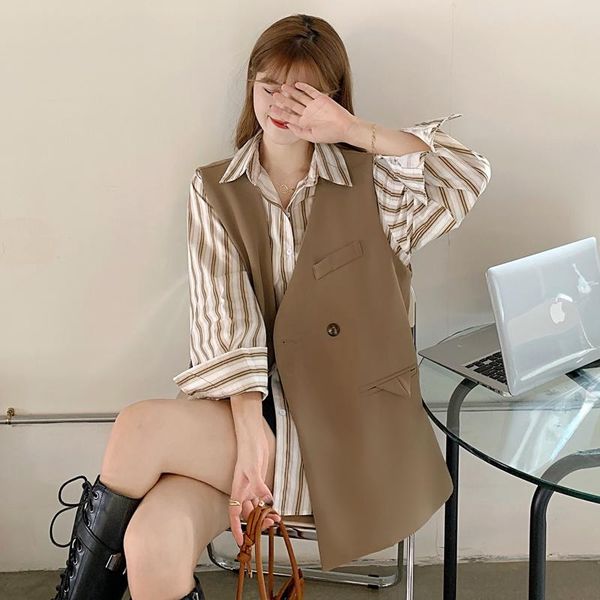 women's vests women fashion vest early autumn suit female striped shirt thin two-piece set, Black;white
women's vests women fashion vest early autumn suit female striped shirt thin two-piece set, Black;white