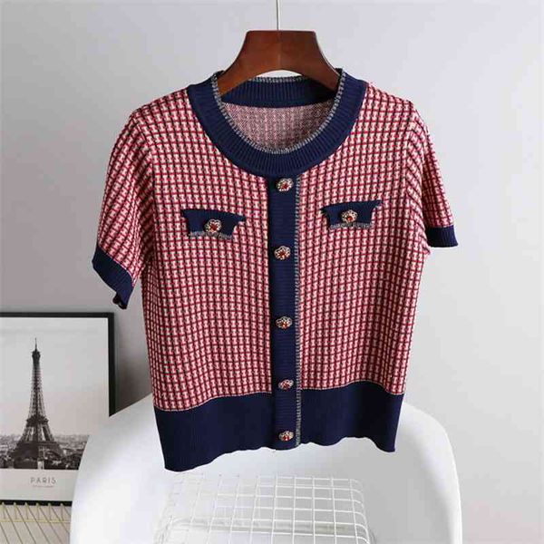 women's knits & tees summer plaid diamonds button knitted short sleeve pullovers women patchwork o-neck thin korean fashion s, White
women's knits & tees summer plaid diamonds button knitted short sleeve pullovers women patchwork o-neck thin korean fashion s, White