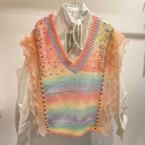 women's vests heavy diamond rainbow sweater vest women autumn 2021 personalized v-neck ruffle stitched sleeveless knitted waistcoat, Black;white
women's vests heavy diamond rainbow sweater vest women autumn 2021 personalized v-neck ruffle stitched sleeveless knitted waistcoat, Black;white