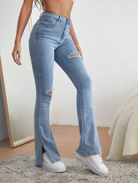 high waist ripped flare leg jeans d4im#, Blue