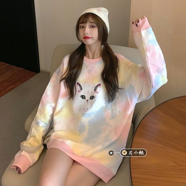women hoodie thin o neck tie dye print hoodies pullovers lazy retro casual loose cartoon anime cute cat sweatshirt long sleeve, Black
women hoodie thin o neck tie dye print hoodies pullovers lazy retro casual loose cartoon anime cute cat sweatshirt long sleeve, Black