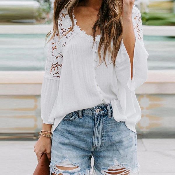 women's blouses & shirts women lace stiching solid color hollow out shirt flare sleeve casual elegant v neck see through back blus, White
women's blouses & shirts women lace stiching solid color hollow out shirt flare sleeve casual elegant v neck see through back blus, White