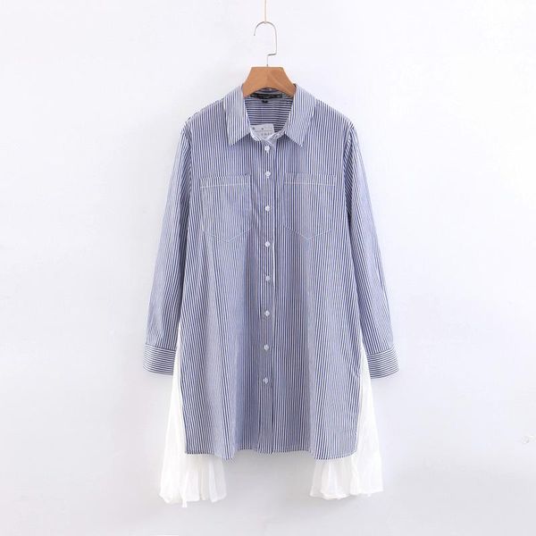 women's blouses & shirts cs922 casual blue striped print side chiffon pleated patchwork long shirt women cotton blouse, White
women's blouses & shirts cs922 casual blue striped print side chiffon pleated patchwork long shirt women cotton blouse, White