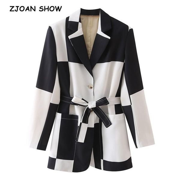 women's suits & blazers 2021 autumn black white geometric plaid tie bow sashes blazer women double pockets contrast color suit coat fas, White;black
women's suits & blazers 2021 autumn black white geometric plaid tie bow sashes blazer women double pockets contrast color suit coat fas, White;black