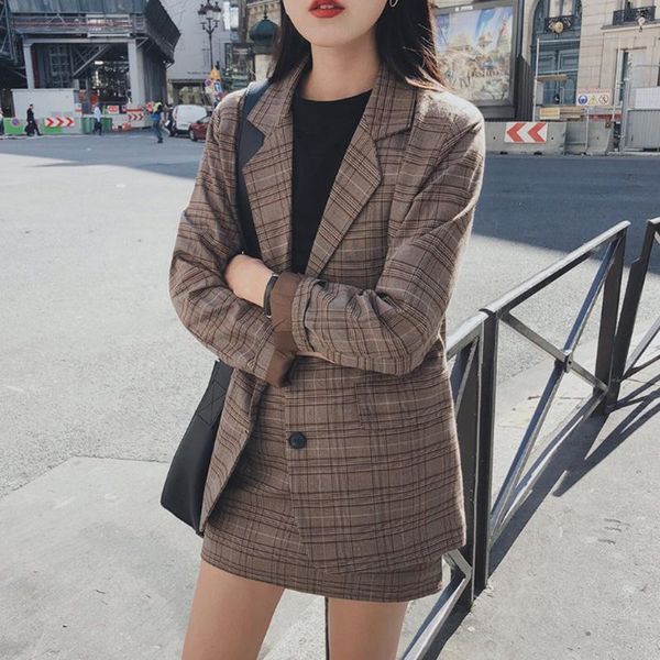 work dresses vintage blazer skirt suit notched long sleeve plaid jacket coat+short pencil ladies 2021 spring autumn 2 piece set womens, White;black 
work dresses vintage blazer skirt suit notched long sleeve plaid jacket coat+short pencil ladies 2021 spring autumn 2 piece set womens, White;black