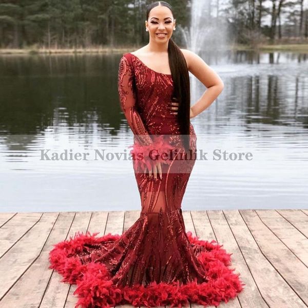 black women's long burgundy mermaid prom dresses one shoulder with feather evening club birthday party dress vestido de fiesta, White;black
black women's long burgundy mermaid prom dresses one shoulder with feather evening club birthday party dress vestido de fiesta, White;black