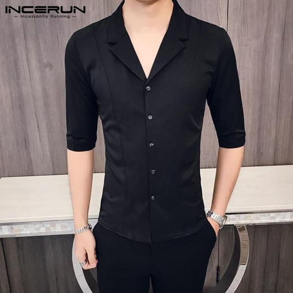 men's casual shirts fashion short sleeve shirt men lapel button solid color party clubwear brand slim camisa masculina 2021 incerun, White;black 
men's casual shirts fashion short sleeve shirt men lapel button solid color party clubwear brand slim camisa masculina 2021 incerun, White;black