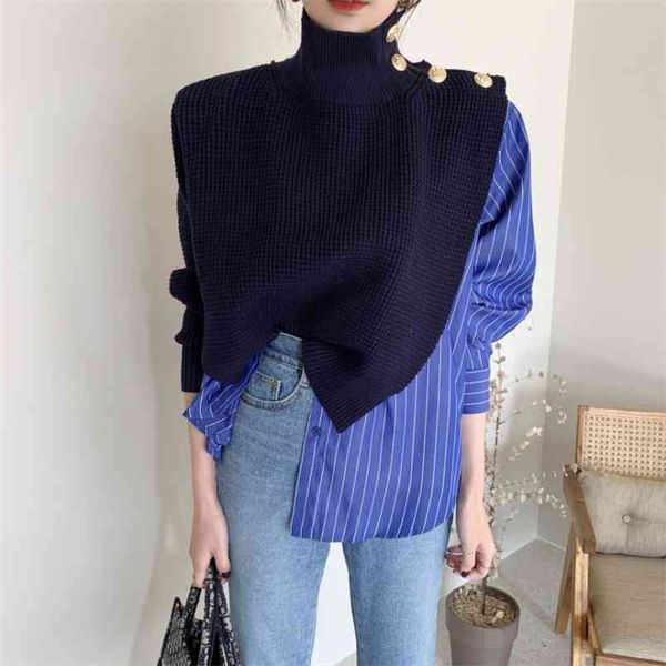 korean autumn high collar side buttons fake two-piece shirt stitching striped bubble sleeve chic sweater blue women 210519, White;black
korean autumn high collar side buttons fake two-piece shirt stitching striped bubble sleeve chic sweater blue women 210519, White;black