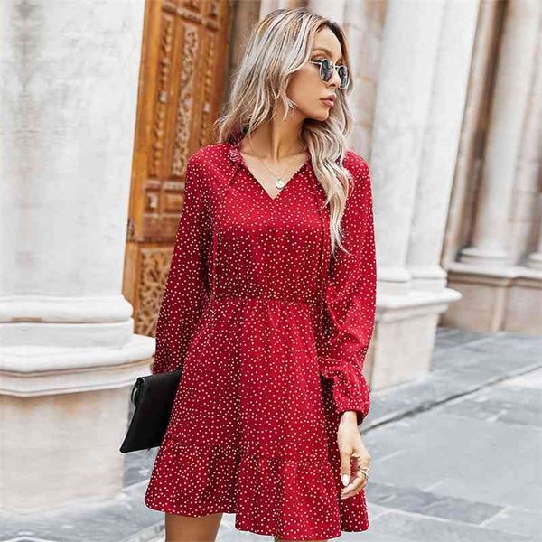 ladies spring autumn polka dot print dress women casual lace up v neck full sleeve slim short dress 210715, Black;gray
ladies spring autumn polka dot print dress women casual lace up v neck full sleeve slim short dress 210715, Black;gray