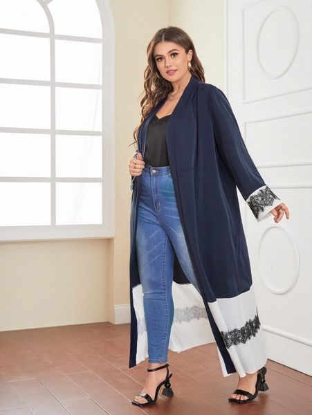 plus contrast lace kimono q9tv#, Black