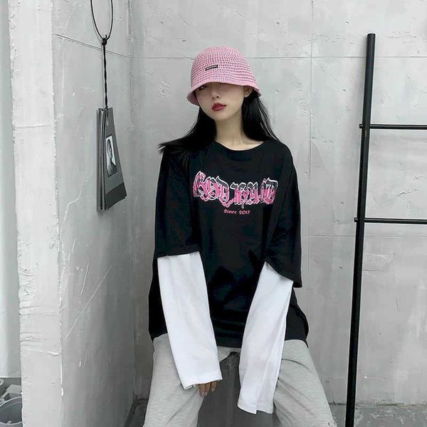 women t-shirt korean version loose letter printing fake two-piece long-sleeved female harajuku style student 210526, Black
women t-shirt korean version loose letter printing fake two-piece long-sleeved female harajuku style student 210526, Black