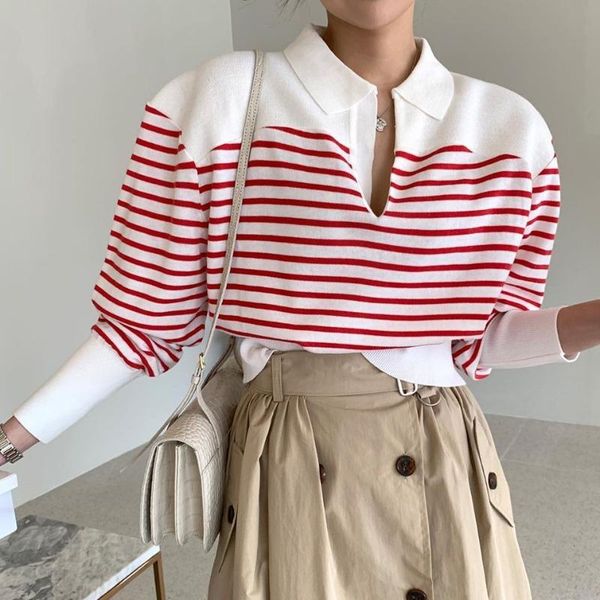 women's polos 2021 spring and autumn edition chic style lapel personality stripe short bubble sleeve pullover long sweater sweat, White
women's polos 2021 spring and autumn edition chic style lapel personality stripe short bubble sleeve pullover long sweater sweat, White