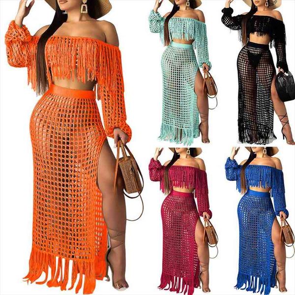2 piece set summer crochet dress beach wear women crop dress set ladies long sleeve tassels slash neck knit, Gray
2 piece set summer crochet dress beach wear women crop dress set ladies long sleeve tassels slash neck knit, Gray