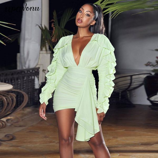 casual dresses 2021 autumn ruffled long sleeve bodycon dress women's green v-neck club party pleated mini vestidos, Black;gray
casual dresses 2021 autumn ruffled long sleeve bodycon dress women's green v-neck club party pleated mini vestidos, Black;gray