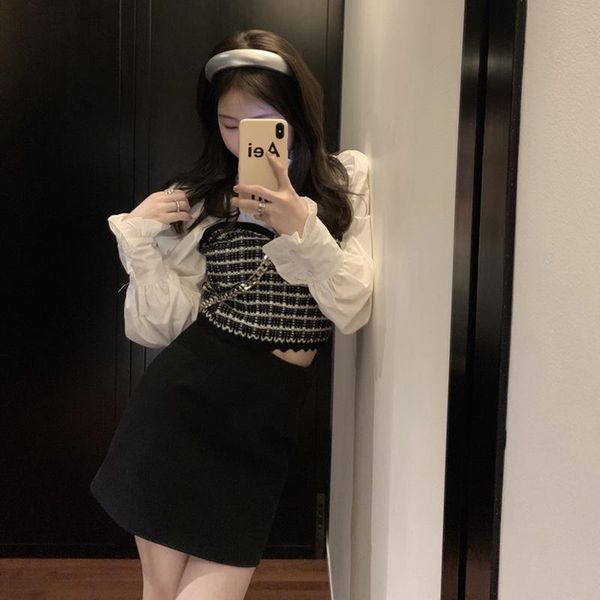 women's blouses & shirts white black patchwork plaid fake two-piece blouse women spring autumn pull-sleeve slim korean vintage designe
women's blouses & shirts white black patchwork plaid fake two-piece blouse women spring autumn pull-sleeve slim korean vintage designe