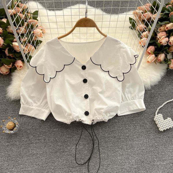 french summer drawstring shirt women's wave edge peter pan collar age reducing bubble sleeve versatile short women 210515, White
french summer drawstring shirt women's wave edge peter pan collar age reducing bubble sleeve versatile short women 210515, White