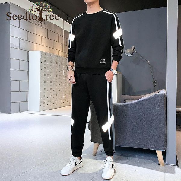 men's tracksuits reflective strip casual suit long sleeve round neck sweatshirt elastic waist sweatpants large size sets, Gray
men's tracksuits reflective strip casual suit long sleeve round neck sweatshirt elastic waist sweatpants large size sets, Gray