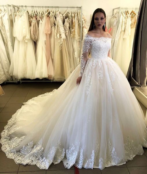 ball gown lace wedding dresses long sleeves beteau neck court train lace-up back plus size tulle bridal gowns, White
ball gown lace wedding dresses long sleeves beteau neck court train lace-up back plus size tulle bridal gowns, White