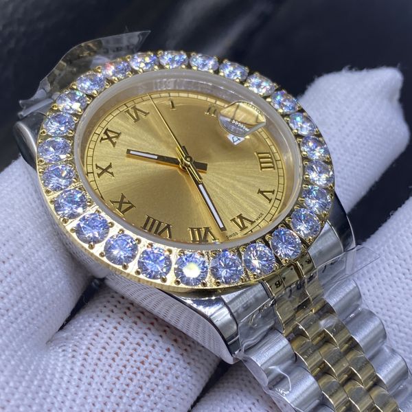 fashion leisure 43mm large diamond watch, automatic men's watchs, gold dial, two-color stainless steel strap, folding buckle, Slivery;brown
fashion leisure 43mm large diamond watch, automatic men's watchs, gold dial, two-color stainless steel strap, folding buckle, Slivery;brown