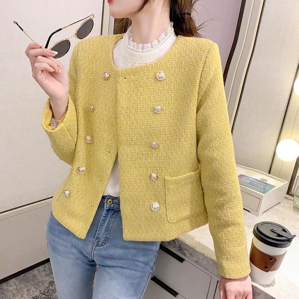 women's jackets jsxdhk 2021 autumn winter yellow tweed outerwear elegant women o neck double-breasted female pocket short woolen jacket, Black;brown
women's jackets jsxdhk 2021 autumn winter yellow tweed outerwear elegant women o neck double-breasted female pocket short woolen jacket, Black;brown