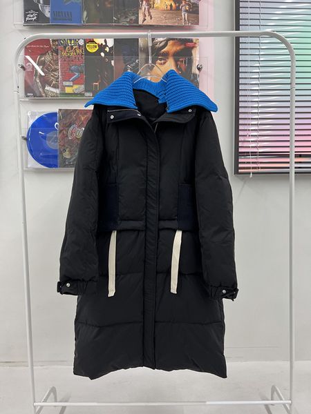 autumn and winter contrast detachable wool collar long waist drawstring down jacket, Black