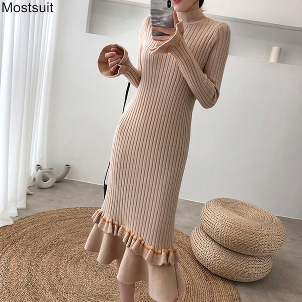 solid simple knitting ruffles dress women spring autumn long sleeve turtleneck skinny dresses korean casual fashion vestido 210518, Black;gray
solid simple knitting ruffles dress women spring autumn long sleeve turtleneck skinny dresses korean casual fashion vestido 210518, Black;gray