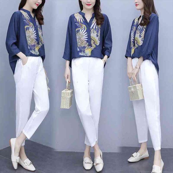 casual large size v-neck breasted pullover blue ladies two-piece suit spring cotton linen printing comfortable womens suit, Gray
casual large size v-neck breasted pullover blue ladies two-piece suit spring cotton linen printing comfortable womens suit, Gray