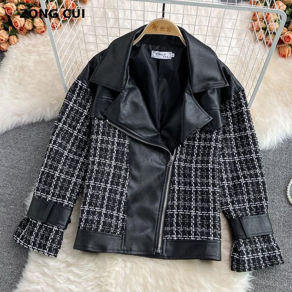 women's jackets autumn winter tweed pu patchwork black jacket women 2021 turn down collar long sleeve print moto zipper short coats, Black;brown
women's jackets autumn winter tweed pu patchwork black jacket women 2021 turn down collar long sleeve print moto zipper short coats, Black;brown