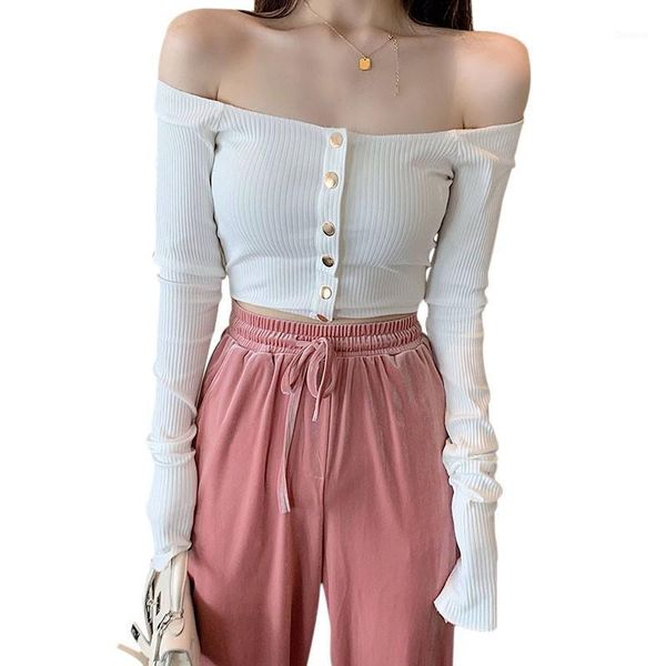 women's t-shirt fashion women crop slash neck button autumn slim long-sleeved w3, White
women's t-shirt fashion women crop slash neck button autumn slim long-sleeved w3, White