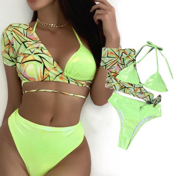women's swimwear neon green swimsuit women geometric print patchwork bikini set string halter high waist bathing suit, White;black
women's swimwear neon green swimsuit women geometric print patchwork bikini set string halter high waist bathing suit, White;black