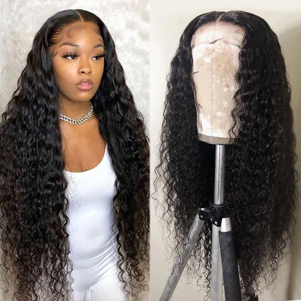 lace wigs 28 30 inch 13x4 deep wave frontal wig transparent pre plucked remy brazilian curly front human hair, Black;brown