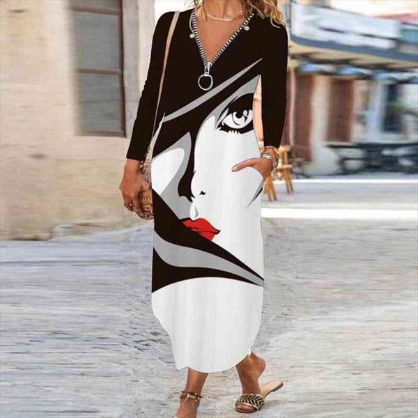 vintage elegant fashion long sleeve women dresses zipper v neck face print irregular casual maxi loose beach, Black;gray
vintage elegant fashion long sleeve women dresses zipper v neck face print irregular casual maxi loose beach, Black;gray
