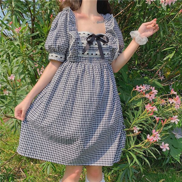 lucyever summer casual square collar lace dress women elegant puff short sleeves dresses woman korean loose plaid vestido ladies 210521, Black;gray
lucyever summer casual square collar lace dress women elegant puff short sleeves dresses woman korean loose plaid vestido ladies 210521, Black;gray