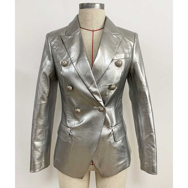 high street est designer stylish runway women's fashion lion buttons silver leather blazer jacket 210930, White;black
high street est designer stylish runway women's fashion lion buttons silver leather blazer jacket 210930, White;black