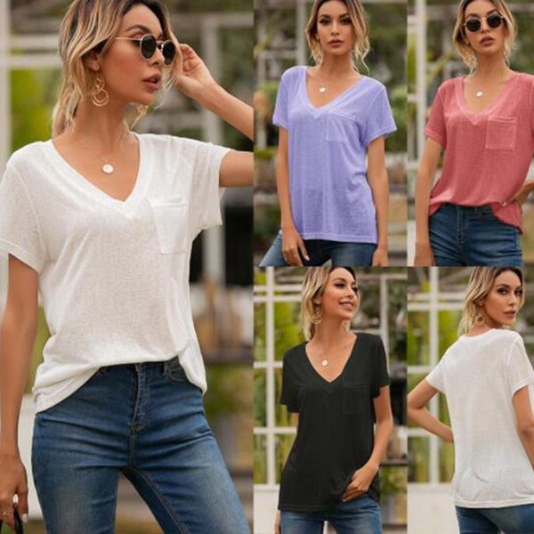 women's t-shirt v-neck pocket casual loose short-sleeved pullover women fashion solid color summer office lady tshirts femme, White
women's t-shirt v-neck pocket casual loose short-sleeved pullover women fashion solid color summer office lady tshirts femme, White