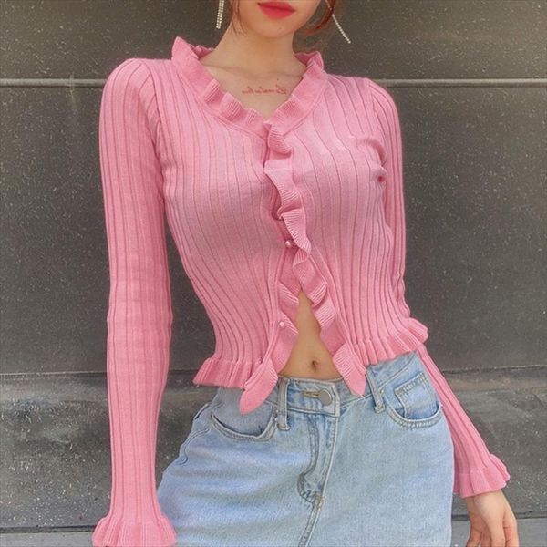 women autumn long sleeve cardigan sweaters v neck ribbed knitted pink crop button down ruffles harajuku shrug coat, White;black
women autumn long sleeve cardigan sweaters v neck ribbed knitted pink crop button down ruffles harajuku shrug coat, White;black