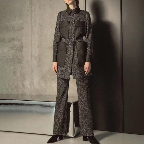 women's two piece pants set women wool winter coat longline+high waist, White
women's two piece pants set women wool winter coat longline+high waist, White