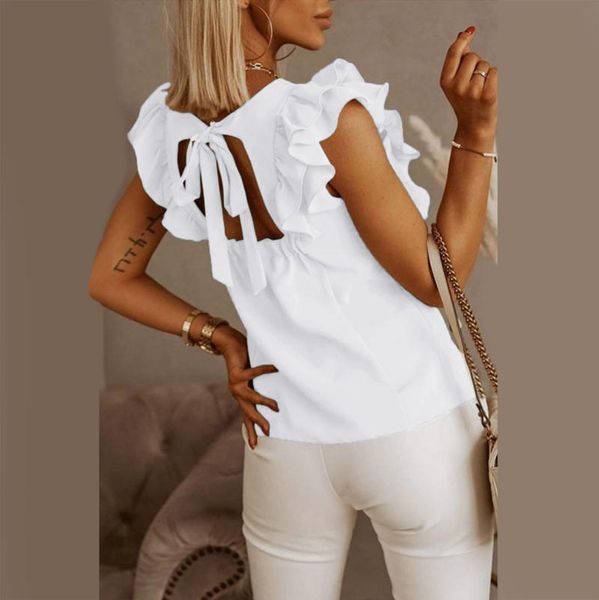 women's blouses & shirts ruffle blouse women summer casual bandage backless o-neck loose solid color elegant shirt blusas de mujer y ca, White
women's blouses & shirts ruffle blouse women summer casual bandage backless o-neck loose solid color elegant shirt blusas de mujer y ca, White