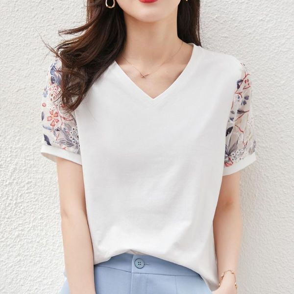 women's t-shirt oversized simple short sleeve floral pattern switching elegant v neck ladies fashion straight summer tee, White
women's t-shirt oversized simple short sleeve floral pattern switching elegant v neck ladies fashion straight summer tee, White