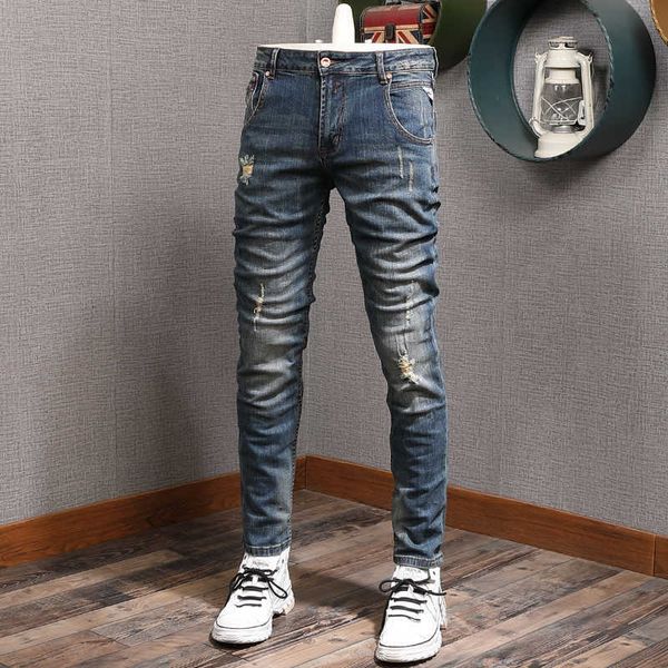 men's jeans italian style fashion retro blue elastic slim fit ripped for vintage designer casual cotton denim pants b1w8
men's jeans italian style fashion retro blue elastic slim fit ripped for vintage designer casual cotton denim pants b1w8
