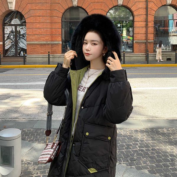 contrast color large wool collar down cotton jacket women's 2021 winter new korean medium and long thickened warm bread jacket1, Black
contrast color large wool collar down cotton jacket women's 2021 winter new korean medium and long thickened warm bread jacket1, Black