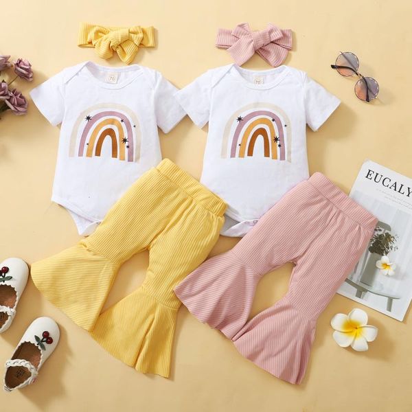 clothing sets toddler girls summer 2pcs knitted suit rainbow print o-neck short sleeve romper+ ribbed flared trousers+ headband born set, White
clothing sets toddler girls summer 2pcs knitted suit rainbow print o-neck short sleeve romper+ ribbed flared trousers+ headband born set, White