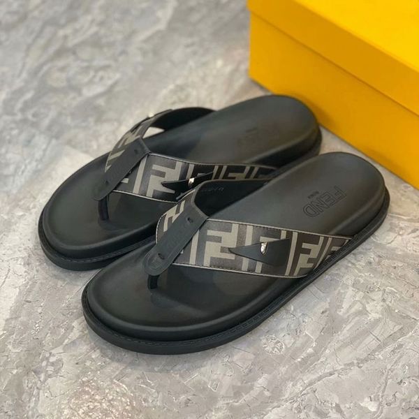 men letter sandals 2021 summer new shoes leather thick bottom herringbone slippers rivet beach fashion, Black