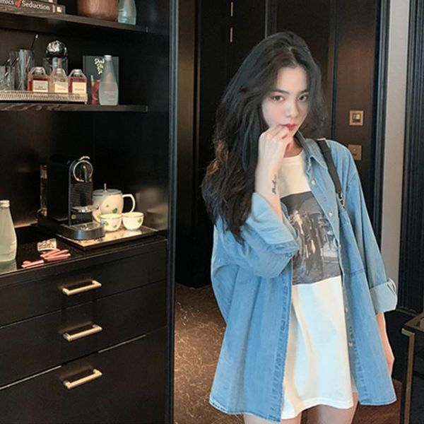women's blouses & shirts 5108 korean women denim shirt summer fashion pockets patchwork loose long sleeve preppy style girl outerwear b, White
women's blouses & shirts 5108 korean women denim shirt summer fashion pockets patchwork loose long sleeve preppy style girl outerwear b, White