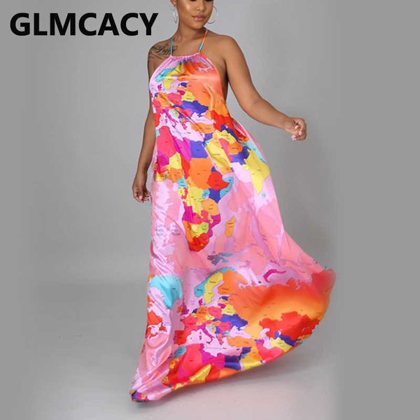 women map printed halter plus size oversize maxi casual dress 210702, Black;gray