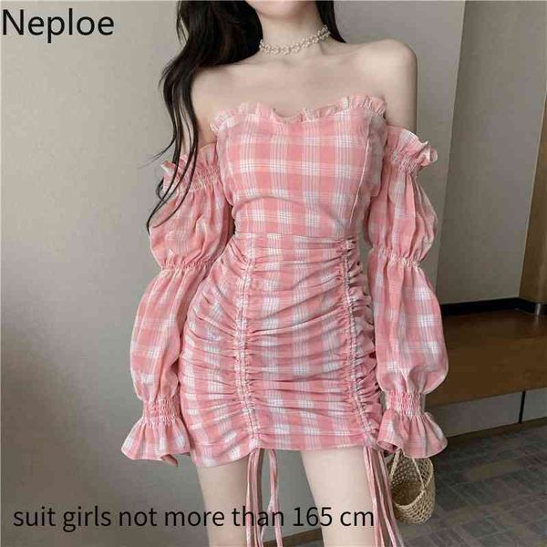 neploe mini dress women flare sleeve plaid slash neck temperament vestidos off shoulder drawstring slim bodycon dresses 210422, Black;gray
neploe mini dress women flare sleeve plaid slash neck temperament vestidos off shoulder drawstring slim bodycon dresses 210422, Black;gray