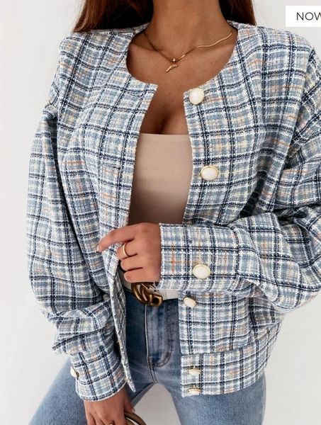 women's jackets elegant o-neck plaid short women metal single breasted loose casual spring autumn long sleeve thin chic outwears, Black;brown
women's jackets elegant o-neck plaid short women metal single breasted loose casual spring autumn long sleeve thin chic outwears, Black;brown