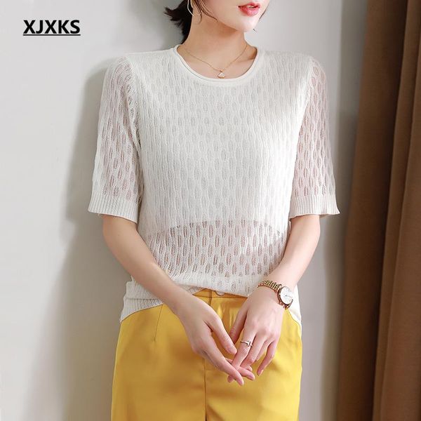 women's t-shirt xjxks round neck short-sleeved women pullover 2021 summer high-quality hollow solid color, White
women's t-shirt xjxks round neck short-sleeved women pullover 2021 summer high-quality hollow solid color, White