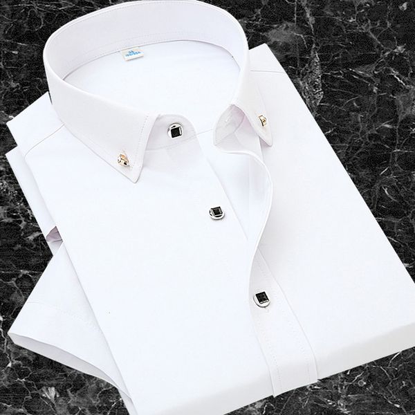 white button down shirt men short sleeve business work mens dress shirts solid casual slim chemise homme diamond button camisas 210524, White;black
white button down shirt men short sleeve business work mens dress shirts solid casual slim chemise homme diamond button camisas 210524, White;black